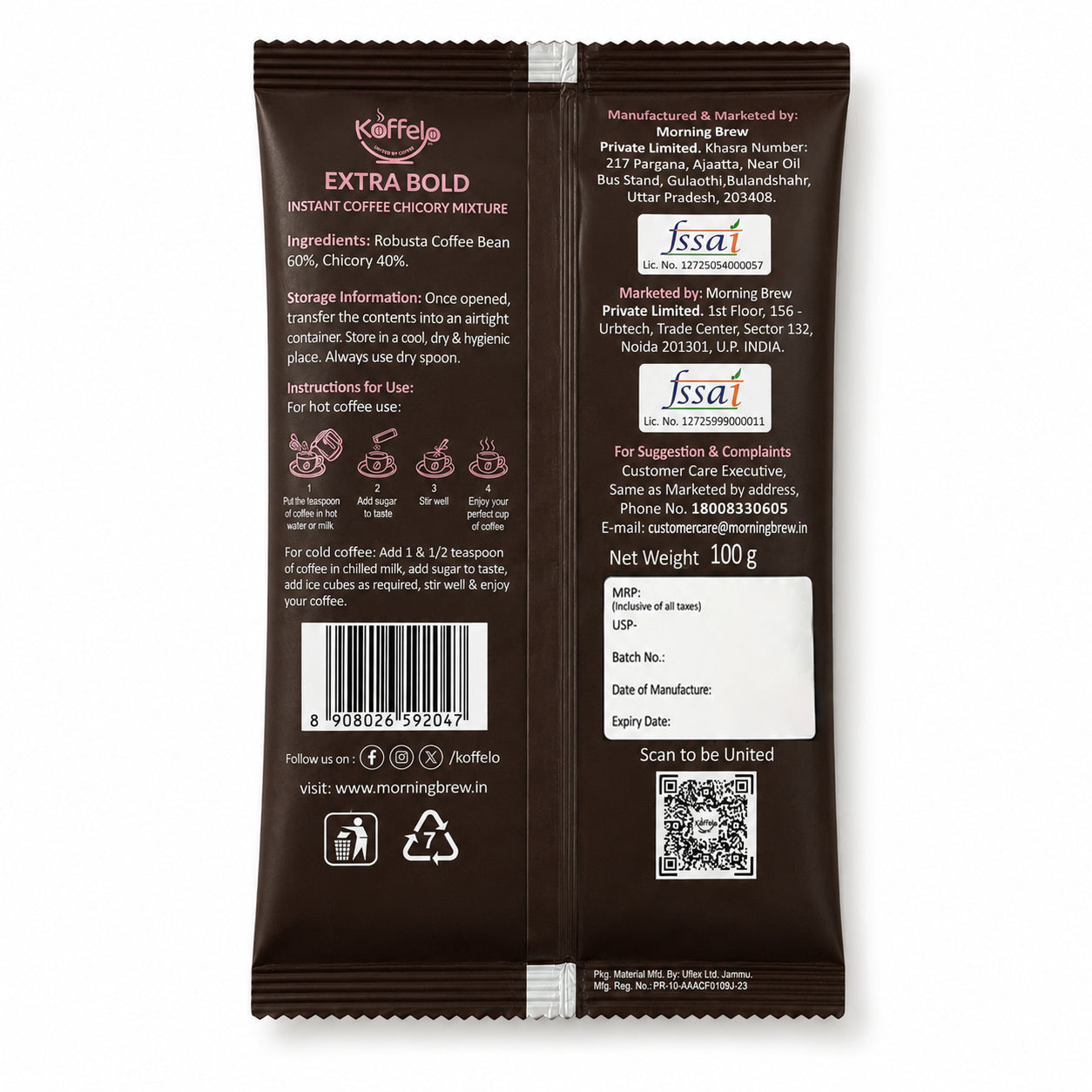 Koffelo Extra Bold Instant Coffee Chicory Mixture ( 100 GM  X 10)