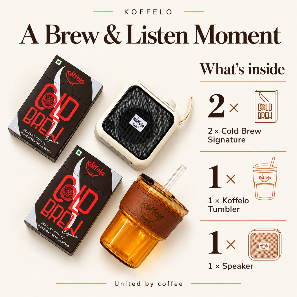 A Brew & Listen Moment gift contents infographic: 2 × Cold Brew Signature; 1 × Koffelo Tumbler; 1 × Speaker.