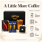 A Little More Coffee gift contents infographic: 1 Cold Brew Signature, 2 NOC, 1 Koffelo Tumbler and 1 Speaker.
