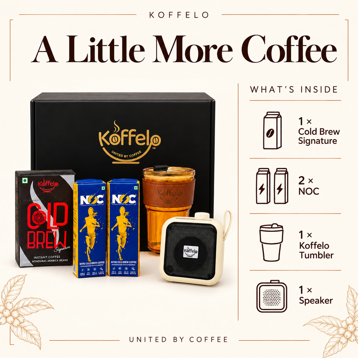 A Little More Coffee gift contents infographic: 1 Cold Brew Signature, 2 NOC, 1 Koffelo Tumbler and 1 Speaker.