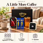 A Little More Coffee lifestyle infographic: 1 × Cold Brew Signature + 2 × NOC; 1 × Koffelo Tumbler; 1 × Speaker. Serving suggestion; props not included.