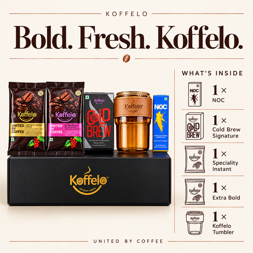 Bold. Fresh. Koffelo. gift contents infographic: 1 × NOC; 1 × Cold Brew Signature; 1 × Speciality Instant; 1 × Extra Bold; 1 × Koffelo Tumbler.