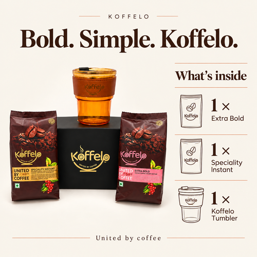 Bold. Simple. Koffelo. gift contents infographic: 1 × Extra Bold; 1 × Speciality Instant; 1 × Koffelo Tumbler.