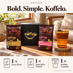 Bold. Simple. Koffelo. lifestyle infographic: 1 × Extra Bold; 1 × Speciality Instant; 1 × Koffelo Tumbler. Serving suggestion; props not included.
