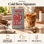 Koffelo Cold Brew Signature lifestyle infographic: Instant cold brew powder; Water or milk; Mix & add ice. Serving suggestion; props not included.