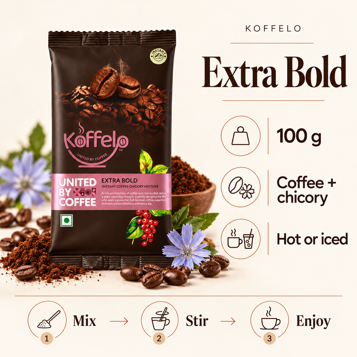 Koffelo Extra Bold Instant Coffee Chicory Mixture 100 GM infographic: 100 g; Coffee + chicory; Hot or iced.