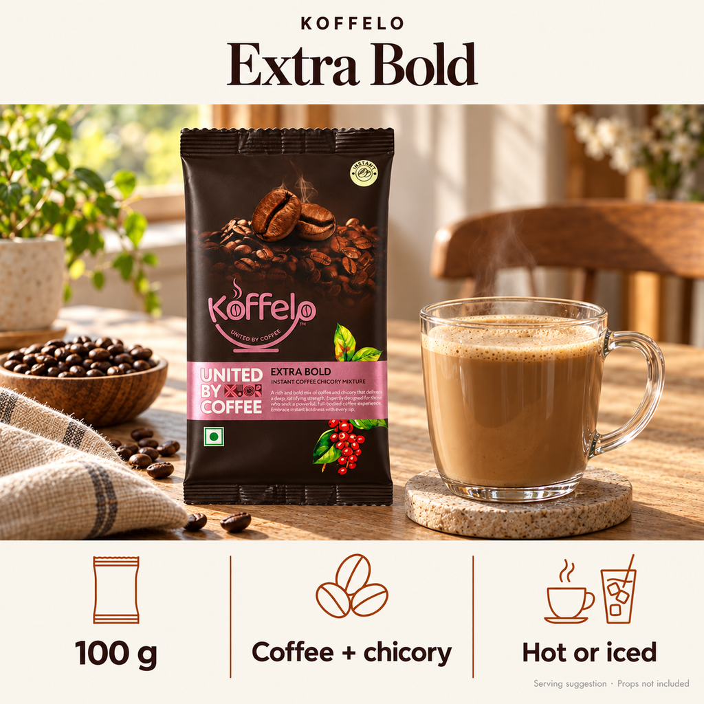 Koffelo Extra Bold Instant Coffee Chicory Mixture 100 GM lifestyle infographic: 100 g; Coffee + chicory; Hot or iced. Serving suggestion; props not included.