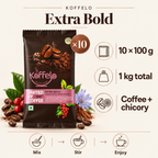 Koffelo Extra Bold Instant Coffee Chicory Mixture ( 100 GM  X 10) infographic: 10 × 100 g; 1 kg total; Coffee + chicory.