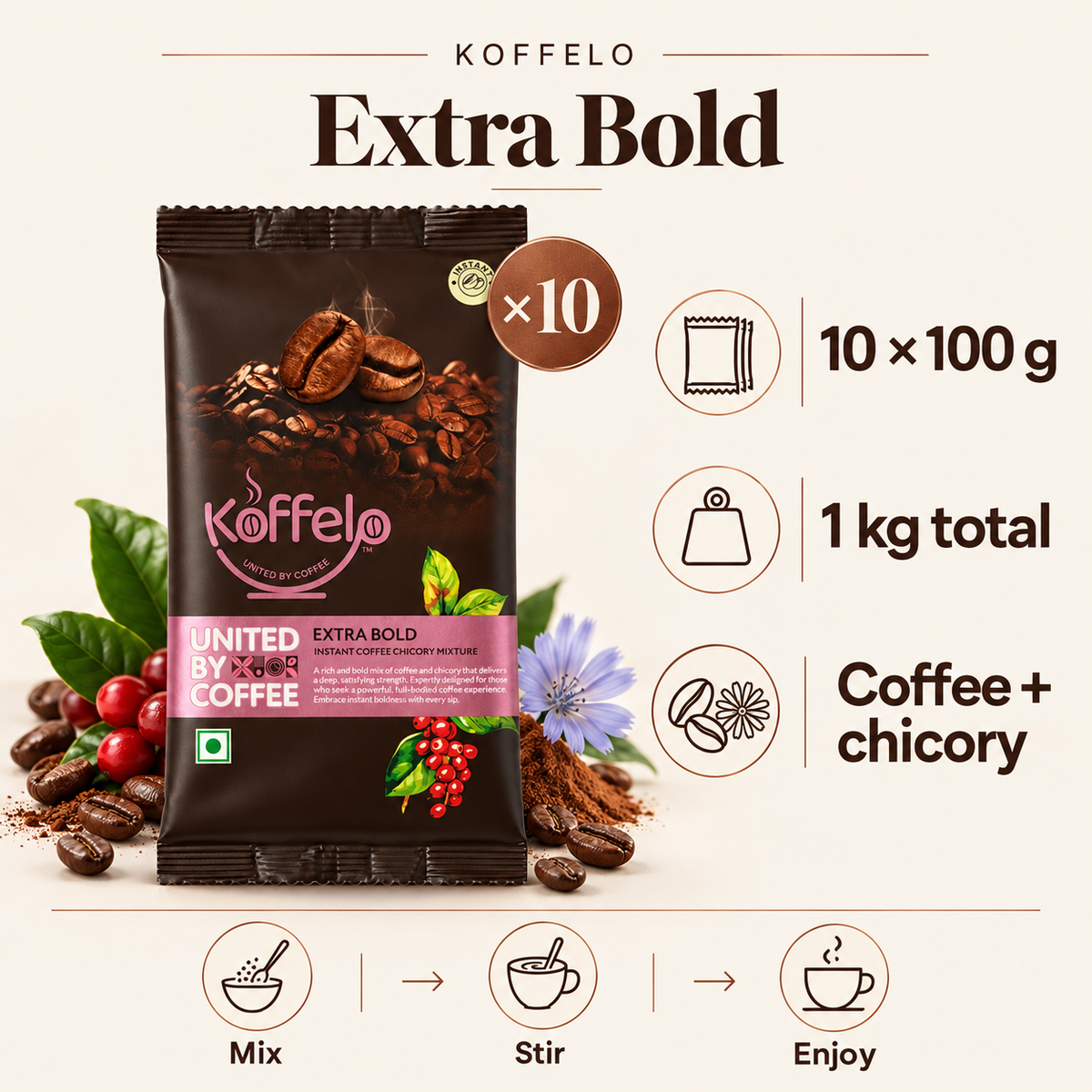 Koffelo Extra Bold Instant Coffee Chicory Mixture ( 100 GM  X 10) infographic: 10 × 100 g; 1 kg total; Coffee + chicory.