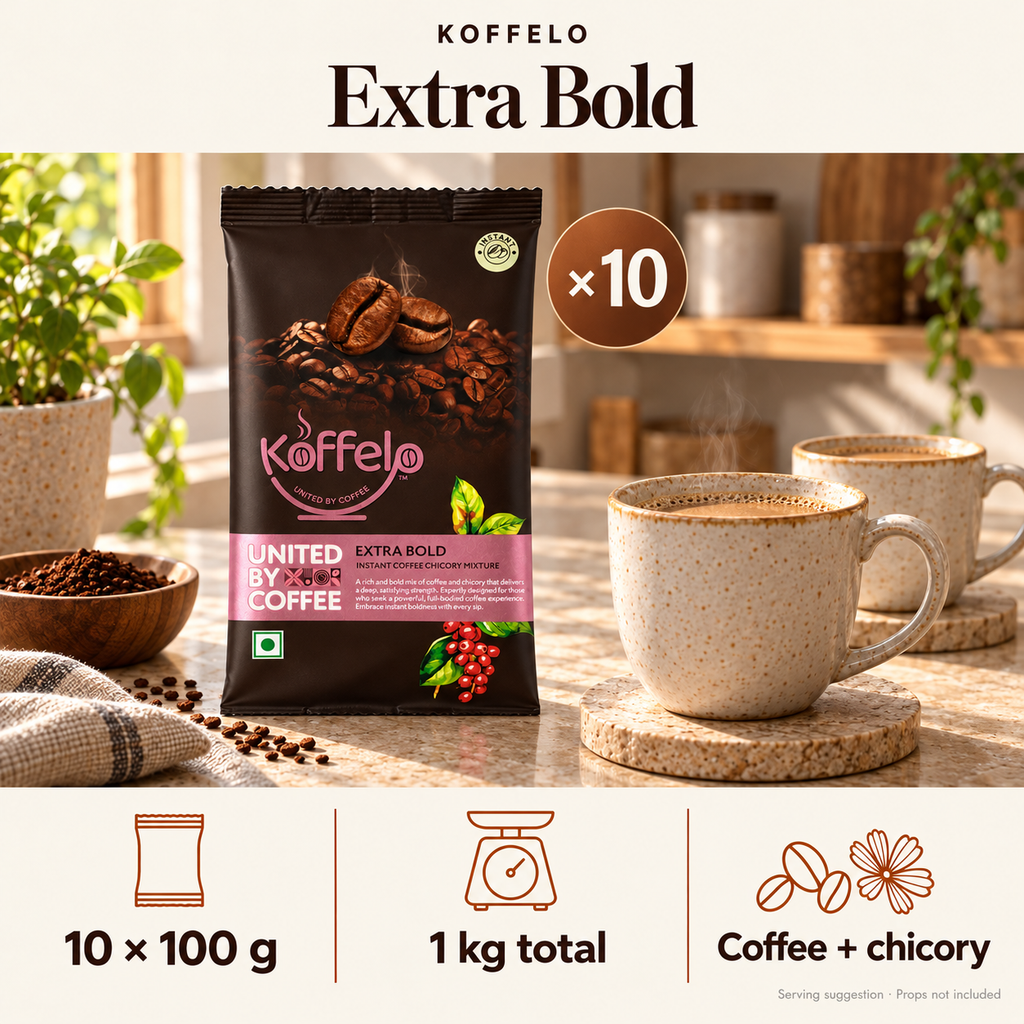 Koffelo Extra Bold Instant Coffee Chicory Mixture ( 100 GM  X 10) lifestyle infographic: 10 × 100 g; 1 kg total; Coffee + chicory. Serving suggestion; props not included.