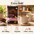 Koffelo Extra Bold Instant Coffee Chicory Mixture ( 100 GM  X 10) lifestyle infographic: 10 × 100 g; 1 kg total; Coffee + chicory. Serving suggestion; props not included.