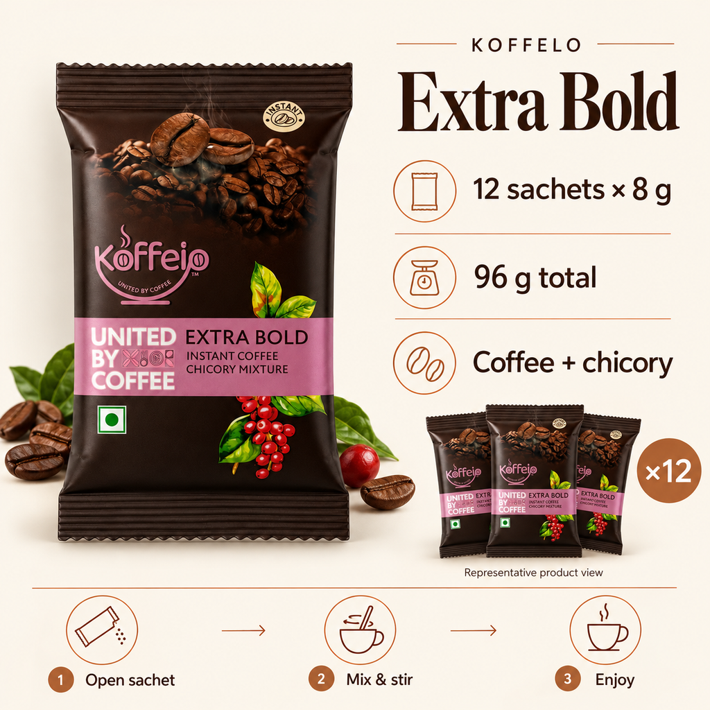 Koffelo Extra Bold Instant Coffee Chicory Mixture (8 GM X 12) infographic: 12 sachets × 8 g; 96 g total; Coffee + chicory.