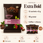 Koffelo Extra Bold Instant Coffee Chicory Mixture (8 GM X 12) infographic: 12 sachets × 8 g; 96 g total; Coffee + chicory.