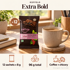 Koffelo Extra Bold Instant Coffee Chicory Mixture (8 GM X 12) lifestyle infographic: 12 sachets × 8 g; 96 g total; Coffee + chicory. Serving suggestion; props not included.