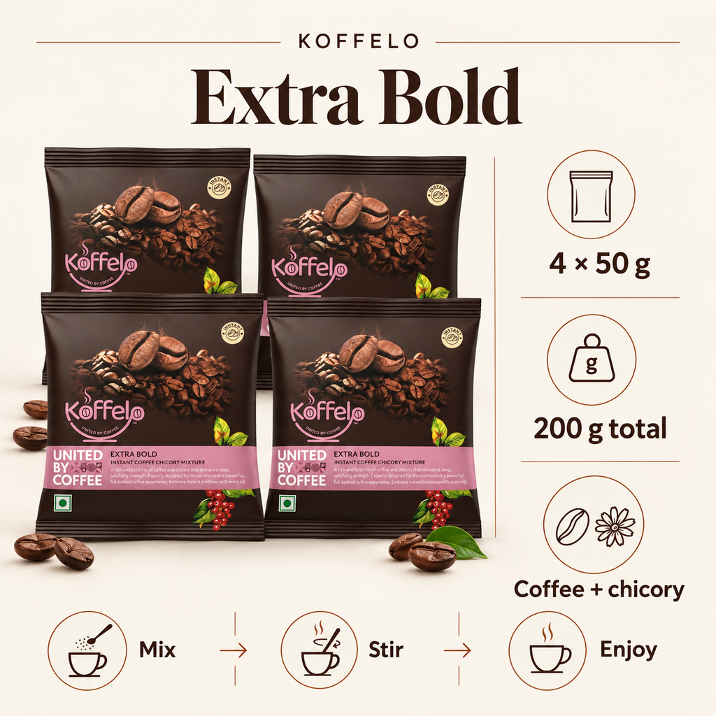 Koffelo Extra Bold Instant Coffee Chicory Mixture (50 GM X 4) infographic: 4 × 50 g; 200 g total; Coffee + chicory.