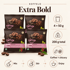Koffelo Extra Bold Instant Coffee Chicory Mixture (50 GM X 4) infographic: 4 × 50 g; 200 g total; Coffee + chicory.