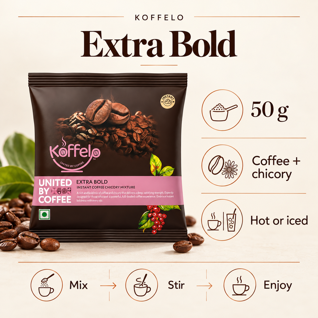 Koffelo Extra Bold Instant Coffee Chicory Mixture 50 GM infographic: 50 g; Coffee + chicory; Hot or iced.