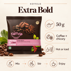 Koffelo Extra Bold Instant Coffee Chicory Mixture 50 GM infographic: 50 g; Coffee + chicory; Hot or iced.
