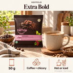 Koffelo Extra Bold Instant Coffee Chicory Mixture 50 GM lifestyle infographic: 50 g; Coffee + chicory; Hot or iced. Serving suggestion; props not included.