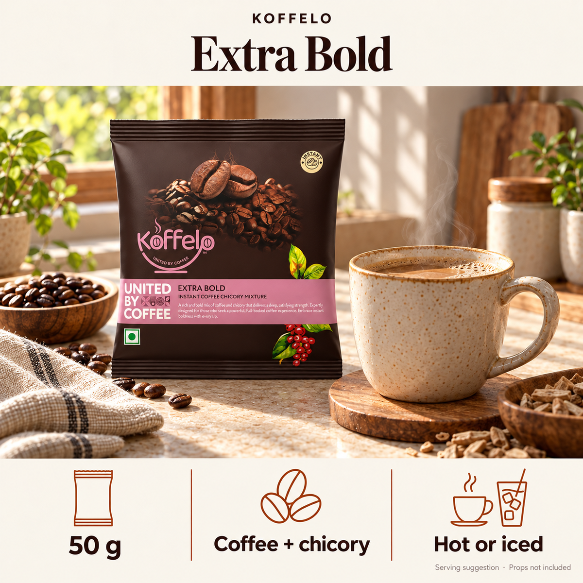 Koffelo Extra Bold Instant Coffee Chicory Mixture 50 GM lifestyle infographic: 50 g; Coffee + chicory; Hot or iced. Serving suggestion; props not included.