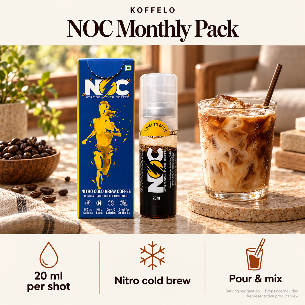 Koffelo NOC Monthly Pack lifestyle infographic: 20 ml per shot; Nitro cold brew; Pour & mix. Serving suggestion; props not included.