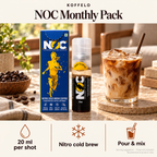 Koffelo NOC Monthly Pack lifestyle infographic: 20 ml per shot; Nitro cold brew; Pour & mix. Serving suggestion; props not included.