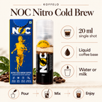 Koffelo NOC — Nitro Cold Brew infographic: 20 ml single shot; Liquid coffee base; Water or milk.