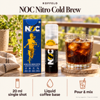 Koffelo NOC — Nitro Cold Brew lifestyle infographic: 20 ml single shot; Liquid coffee base; Pour & mix. Serving suggestion; props not included.