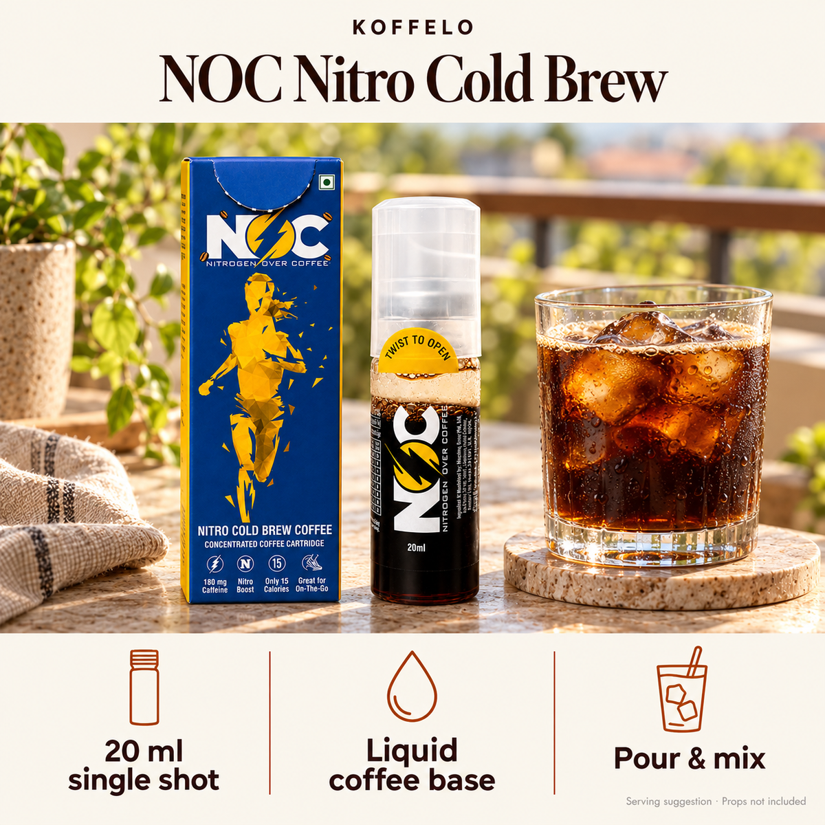 Koffelo NOC — Nitro Cold Brew lifestyle infographic: 20 ml single shot; Liquid coffee base; Pour & mix. Serving suggestion; props not included.