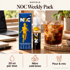 Koffelo NOC Weekly Pack lifestyle infographic: 20 ml per shot; Nitro cold brew; Pour & mix. Serving suggestion; props not included.