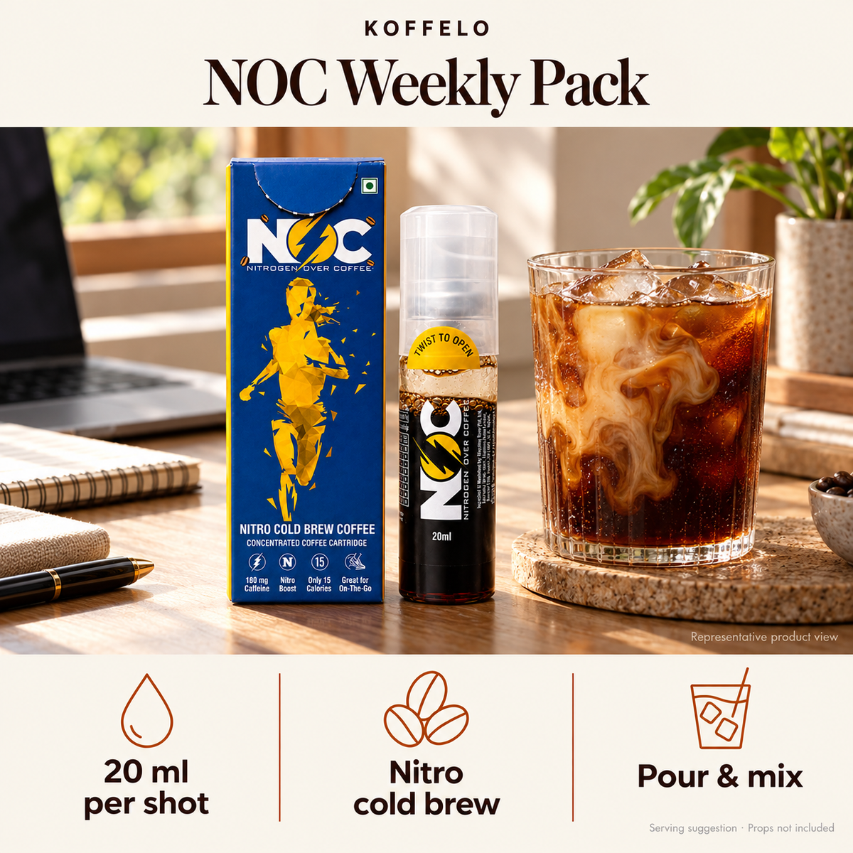 Koffelo NOC Weekly Pack lifestyle infographic: 20 ml per shot; Nitro cold brew; Pour & mix. Serving suggestion; props not included.