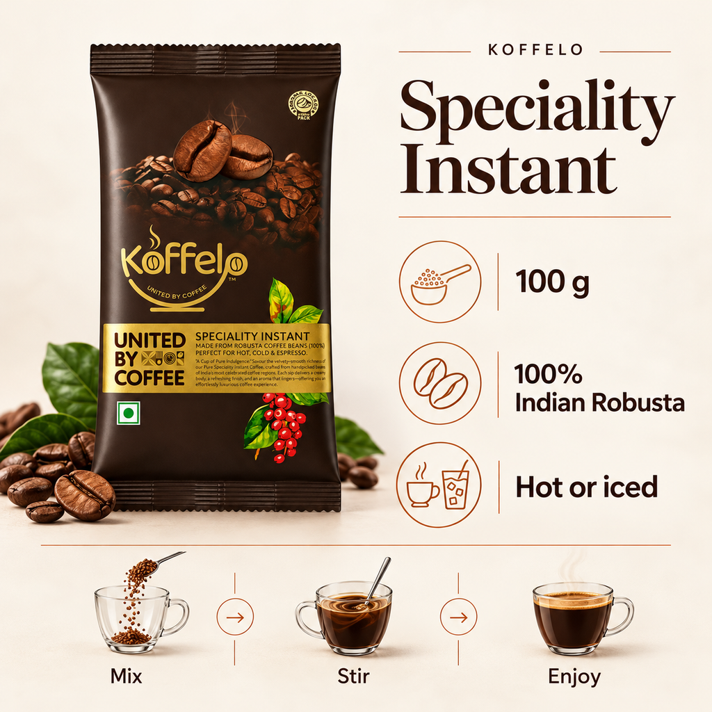 Koffelo Speciality Instant Coffee Powder 100 GM infographic: 100 g; 100% Indian Robusta; Hot or iced.