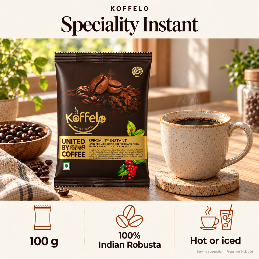 Koffelo Speciality Instant Coffee Powder 100 GM lifestyle infographic: 100 g; 100% Indian Robusta; Hot or iced. Serving suggestion; props not included.