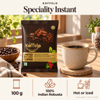 Koffelo Speciality Instant Coffee Powder 100 GM lifestyle infographic: 100 g; 100% Indian Robusta; Hot or iced. Serving suggestion; props not included.