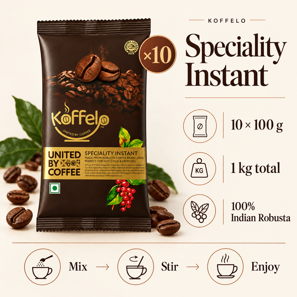Koffelo Speciality Instant Coffee Powder (100 GM X 10) infographic: 10 × 100 g; 1 kg total; 100% Indian Robusta.
