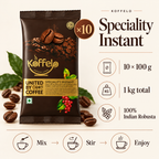 Koffelo Speciality Instant Coffee Powder (100 GM X 10) infographic: 10 × 100 g; 1 kg total; 100% Indian Robusta.