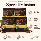 Koffelo Speciality Instant Coffee Powder ( 50 GM X 4) infographic: 4 × 50 g; 200 g total; 100% Indian Robusta.