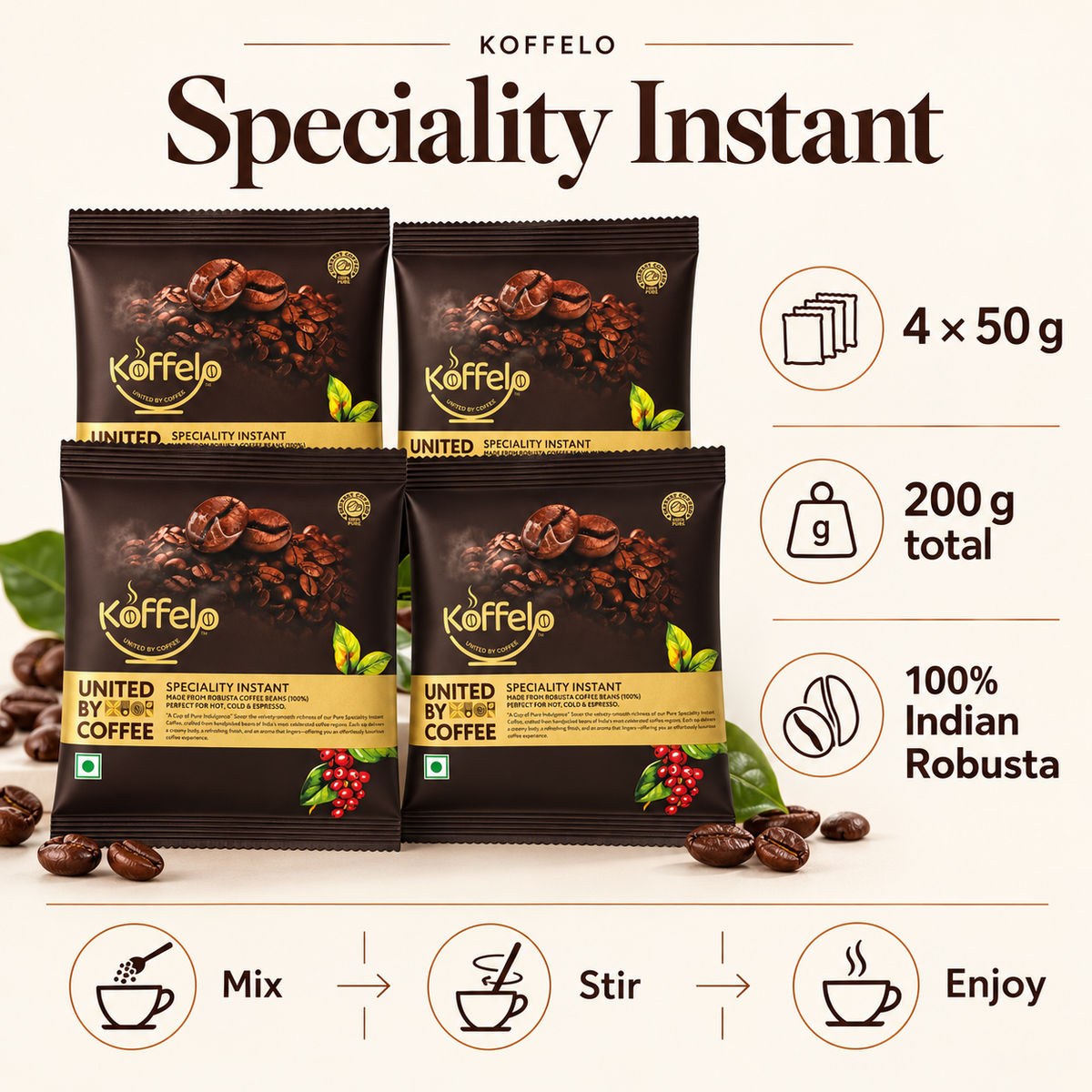 Koffelo Speciality Instant Coffee Powder ( 50 GM X 4) infographic: 4 × 50 g; 200 g total; 100% Indian Robusta.