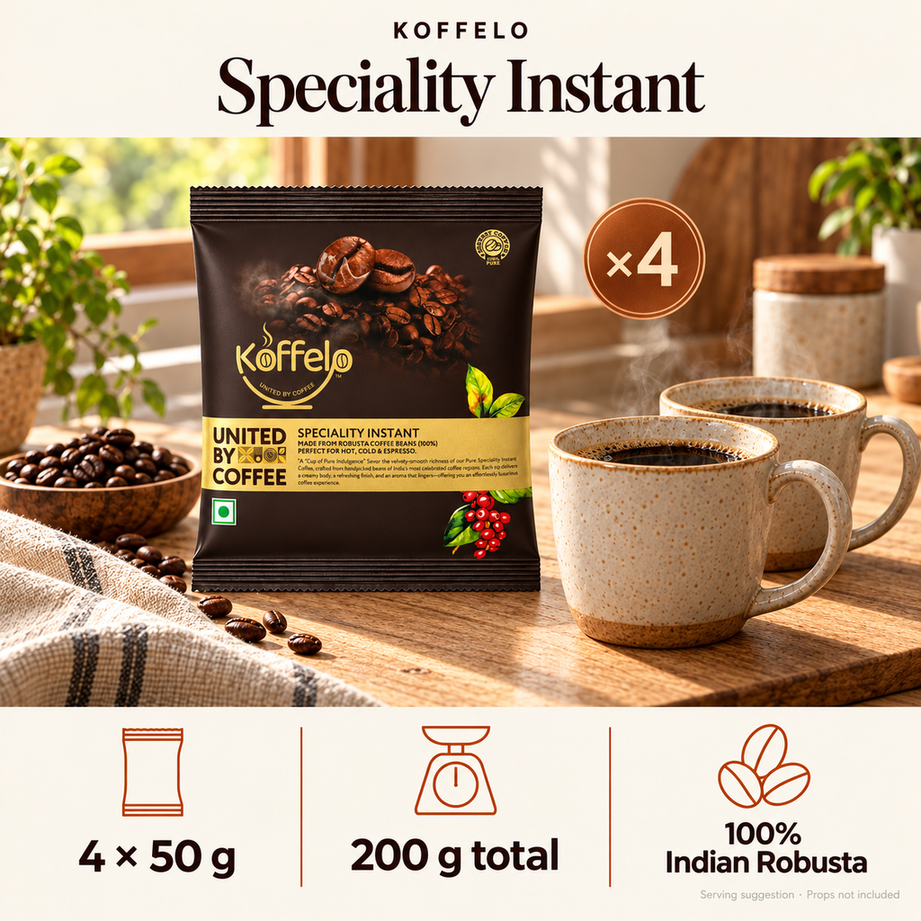 Koffelo Speciality Instant Coffee Powder ( 50 GM X 4) lifestyle infographic: 4 × 50 g; 200 g total; 100% Indian Robusta. Serving suggestion; props not included.