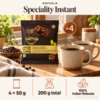 Koffelo Speciality Instant Coffee Powder ( 50 GM X 4) lifestyle infographic: 4 × 50 g; 200 g total; 100% Indian Robusta. Serving suggestion; props not included.