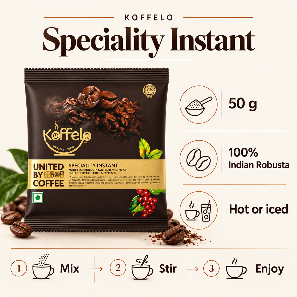 Koffelo Speciality Instant 50 g infographic: 100% Indian Robusta, hot or iced; mix, stir and enjoy.