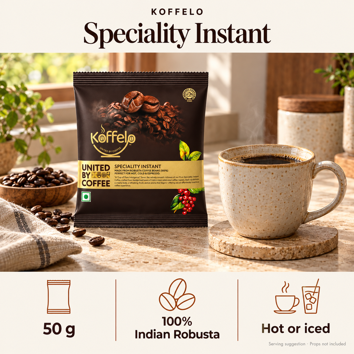 Koffelo Speciality Instant Coffee Powder 50 GM lifestyle infographic: morning coffee ritual; 50 g; 100% Indian Robusta; Hot or iced.