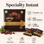 Koffelo Speciality Instant Coffee Powder (1 GM x72) infographic: 72 sachets × 1 g; 100% Indian Robusta; Coffee on the go.