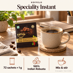 Koffelo Speciality Instant Coffee Powder (1 GM x72) lifestyle infographic: 72 sachets × 1 g; 100% Indian Robusta; Mix & stir. Serving suggestion; props not included.