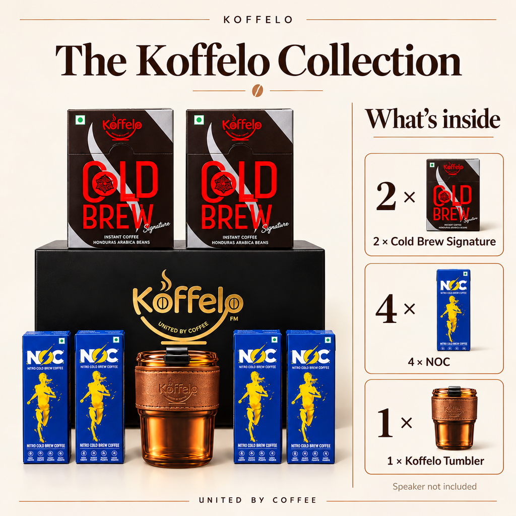 The Koffelo Collection gift contents infographic: 2 × Cold Brew Signature; 4 × NOC; 1 × Koffelo Tumbler. Speaker not included.