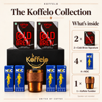 The Koffelo Collection gift contents infographic: 2 × Cold Brew Signature; 4 × NOC; 1 × Koffelo Tumbler. Speaker not included.