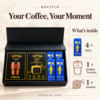 Your Coffee, Your Moment gift contents infographic: 4 × NOC; 1 × Koffelo Tumbler; 1 × Speaker.