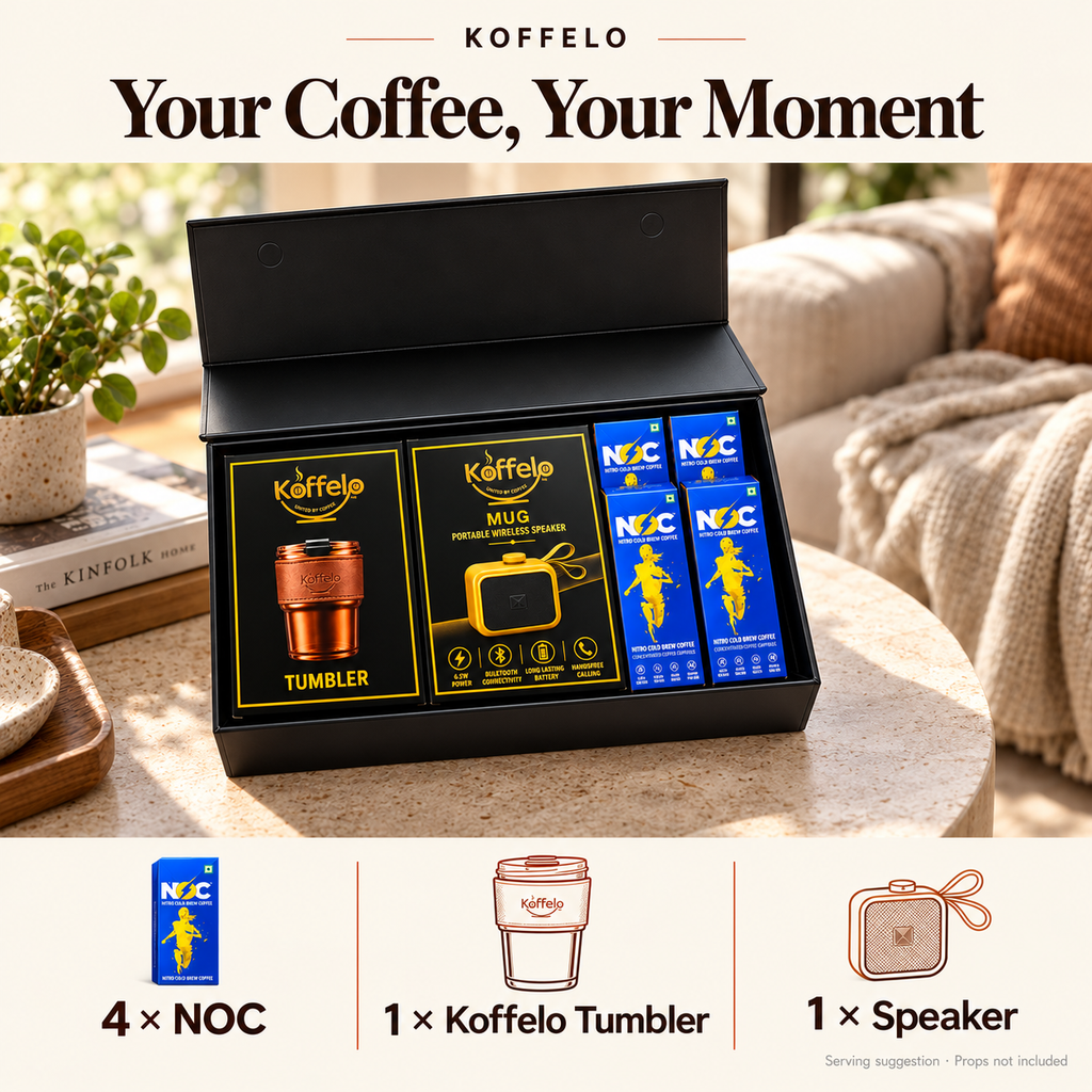 Your Coffee, Your Moment lifestyle infographic: 4 × NOC; 1 × Koffelo Tumbler; 1 × Speaker. Serving suggestion; props not included.