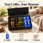 Your Coffee, Your Moment lifestyle infographic: 4 × NOC; 1 × Koffelo Tumbler; 1 × Speaker. Serving suggestion; props not included.
